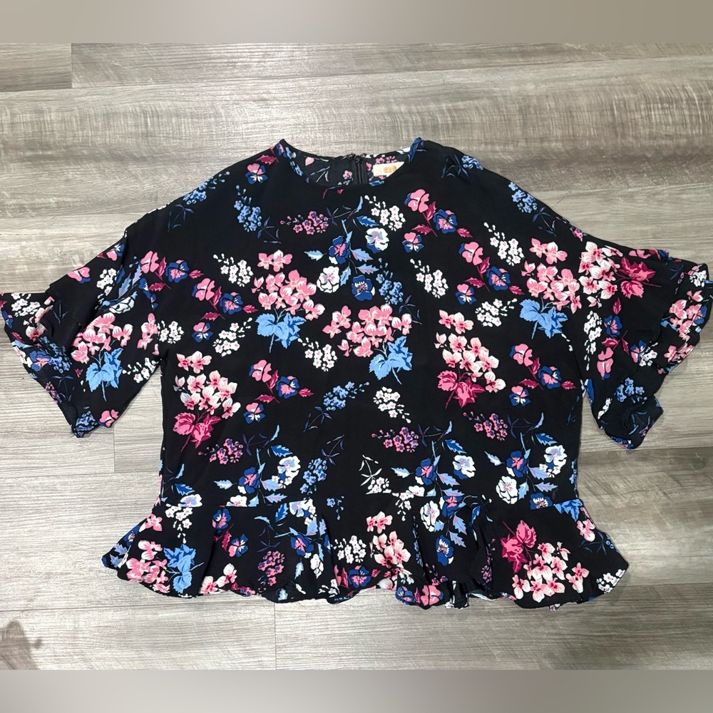 byTiMo‎ Floral Ruffle Blouse Black Pink Blue Viscose Women’s Size L Peplum Top